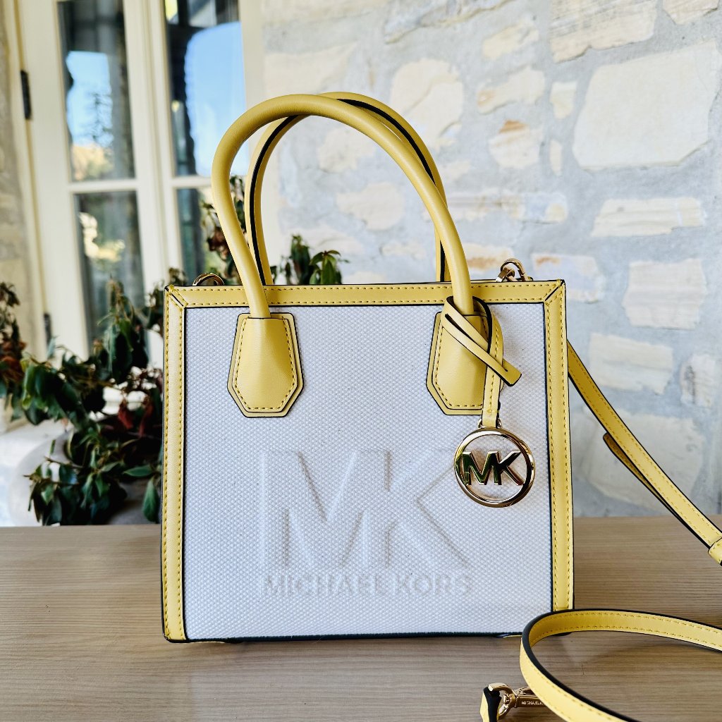 Michael Kors Mercer Logo Embossed Cotton Canvas Satchel Crossbody Bag Yellow Os